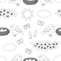 Seamless pattern spring black and white colors vector illustration. Flowers birds nest insects clouds sun Royalty Free Stock Photo